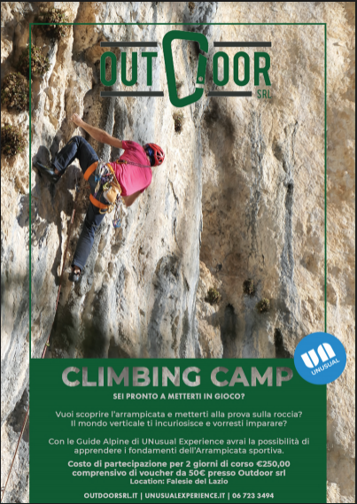 climbing camp arrampicata locandina omino si tiene su corda su falesia